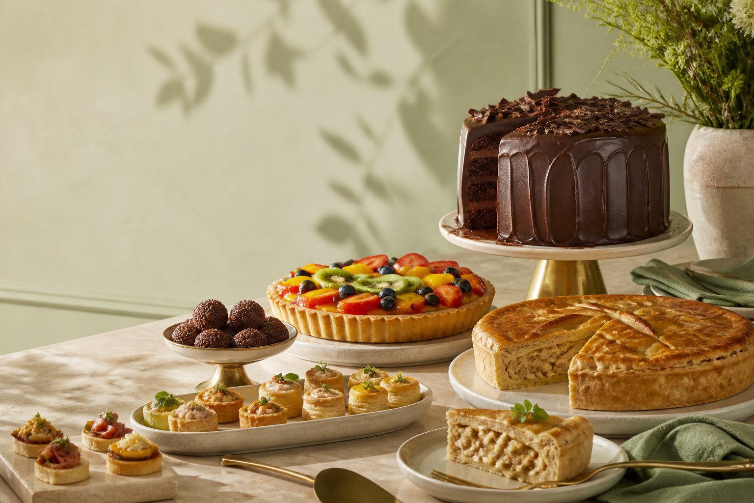 Mesa com tortas, bolo, docinhos, salgados e canapés da Torteria Paula Abrahão